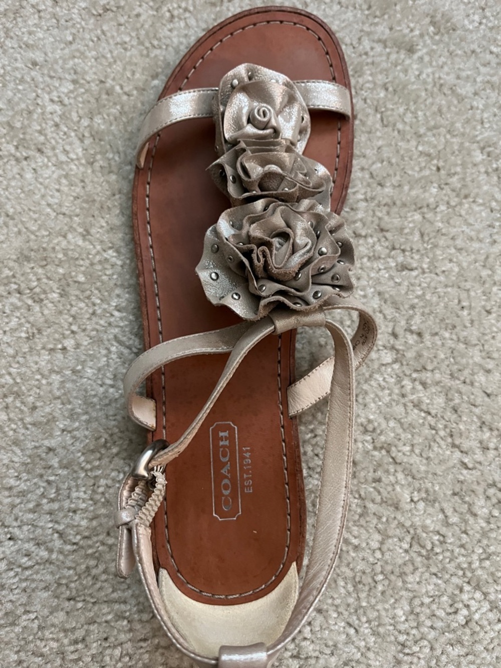 Coach Metallic Rose-Embellished Tan Leather T-Strap Sandals - Picture 6 of 6